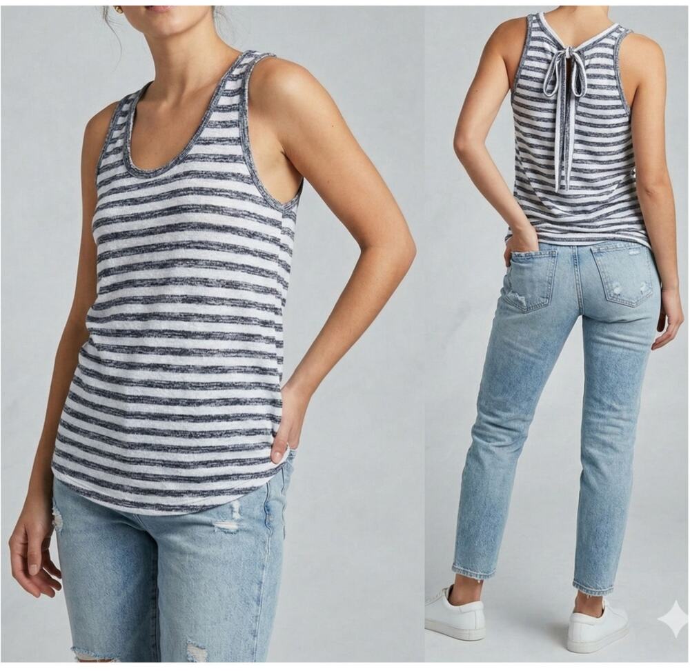 Market & Spruce Medium Sleeveless Tank Top Tie Bow Back Navy Blue Stripe
